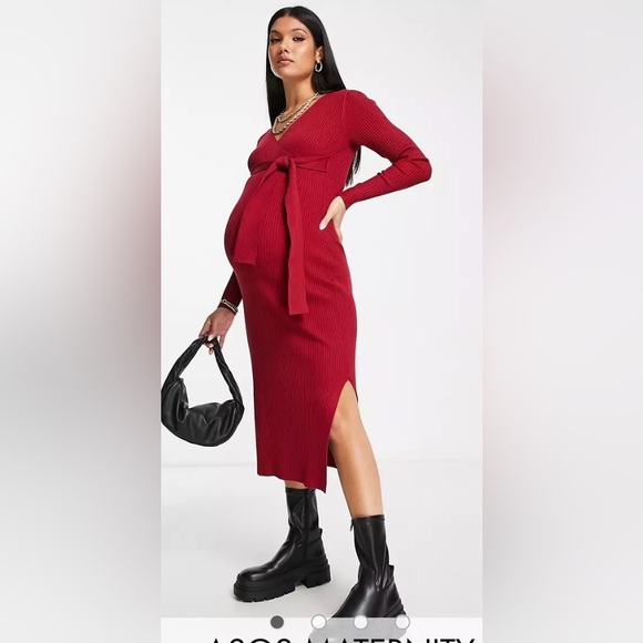 ASOS Design Maternity knitted midi dress with wrap front in dark red - Picture 1 of 3